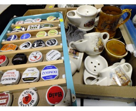 A COLLECTION OF WADE TANKARDS ETC. TOGETHER WITH CERAMIC BOTTLE POURER TOPS 