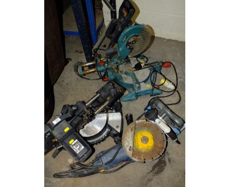 TWO MITRE SAWS TOGETHER WITH A LARGE ANGLE GRINDER AND MACALLISTER CIRCULAR SAW A/F ( ALL UNTESTED )