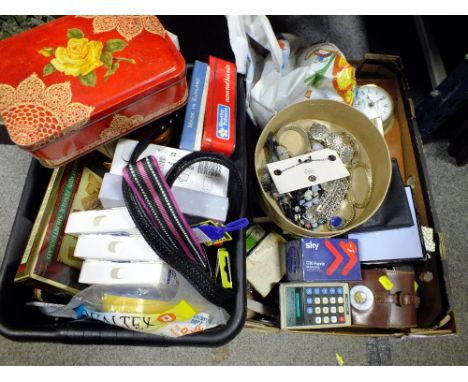 TWO BOXES OF COLLECTABLES AND SUNDRIES TO INCLUDE A SMALL QUANTITY OF COSTUME JEWELLERY, BAROMETERS, VINTAGE TINS ETC