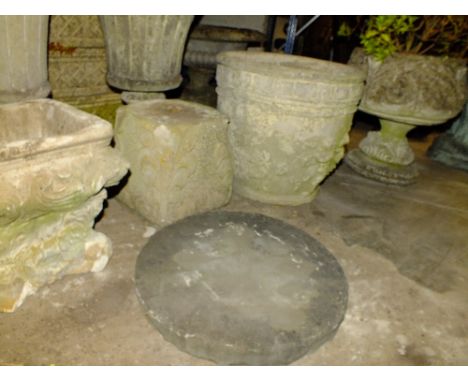 A LARGE PLANTER WITH FIGURATIVE DETAIL TOGETHER WITH A PLANTER ON BASE PLUS MISCELLANEOUS PLANTER ITEMS