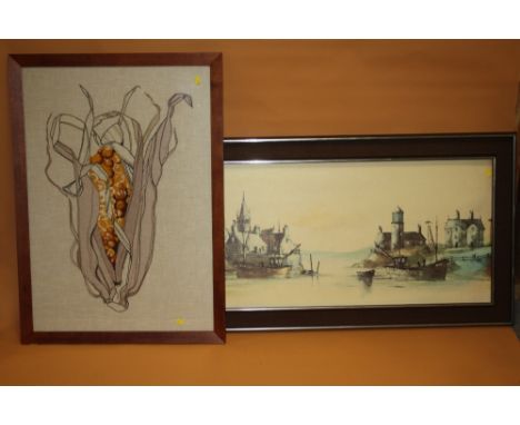 A RETRO NEEDLEWORK OF CORN TOGETHER WITH A VINTAGE PRINT