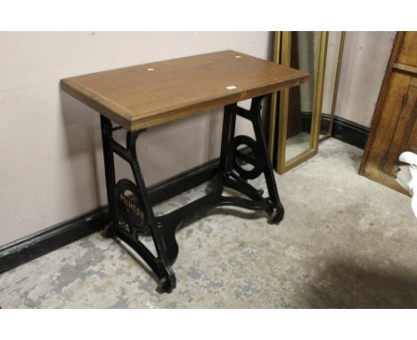 A VINTAGE 'PIONEER' MANGLE CAST TABLE BASE H- 77 CM W- 93 CM