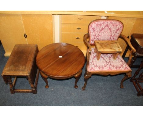 A VINTAGE SMALL ARMCHAIR, RUSTIC STOOL AND TWO OCCASIONAL TABLES (4)