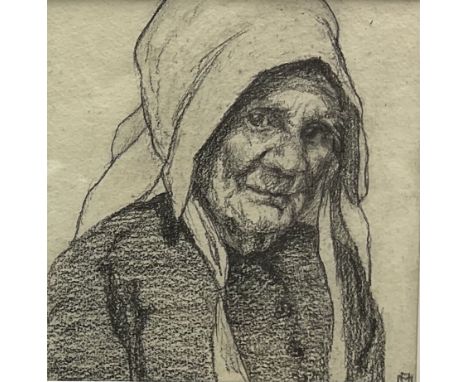 Staithes Group (19th/20th century): Bust Portrait of an Old Woman in a Bonnet, pencil signed with monogram 13cms x 13cms Prov