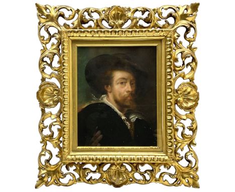 After Peter Paul Rubens (Flemish 1577-1640): Self Portrait, 19th/20 century oil on canvas unsigned 22cm x 17cm in fine carved