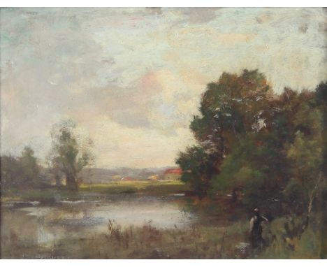 James Cloutie Prowett (British, born 1946) [ARR] /Lady by a Pond/oil on panel, 24cm x 32cm