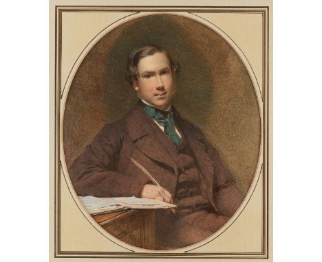 George Edward Hicks (British 1824-1914)/Gentleman Seated at his Desk/oval portrait/signed and dated 1857/watercolour, 30cm x 