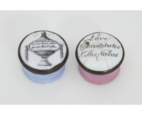 Two small Bilston enamel pill boxes, late 18th Century, one 'Love Him who Gives this Trifle', the other 'Love Constitutes the