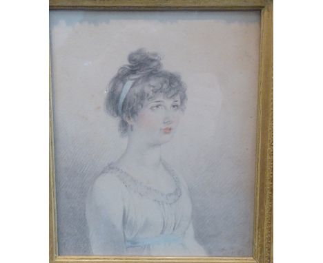 William Hoare RA, (British 1707-1792)/Portrait of Miss Bellfort/in a white dress and blue sash/initialled/pencil and watercol