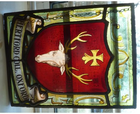 Three 19th Century stained glass armorial panels, one of Oxford University, one of Hertford College, Oxford and the other wit