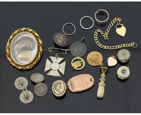 Two platinum wedding bands, approximately 5.4gm, a Victorian hair scroll and pearl set pendant engraved verso 'Elizabeth Jane
