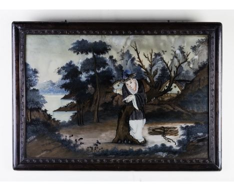 A 19th Century Chinese reverse glass painting of woodsman reading a scroll, 48cm x 73cm