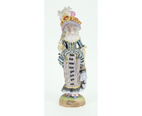 A coloured bisque figure of an elegant lady, circa 1920 inscribed PARIS 1787, 43cm high/Provenance: Plas Gwyn, Anglesey

