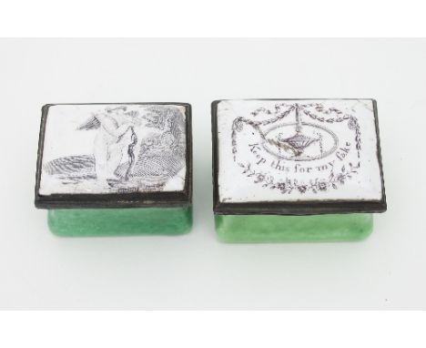 Two Bilston enamel patch boxes, late 18th Century, of rectangular shape, one depicting Cupid, the other 'Keep this for my Sak