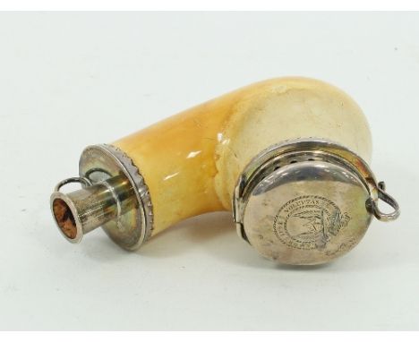 A Victorian silver mounted Meerschaum pipe, E E, London 1846, the hinged cover to the bowl with crest of Coleman and motto 'L