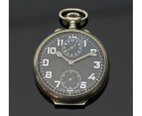 A Zenith alarm function watch, the black enamel dial with Arabic numerals and with subsidiary dials to 12 o'clock and 6 o'clo