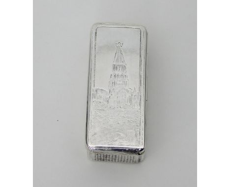 A Russian silver snuff box, the cover engraved a church, 7cm wide