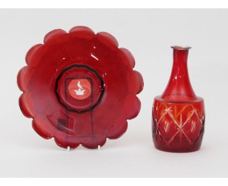 A ruby glass crested plate, 23cm diameter and a carafe, 19cm high