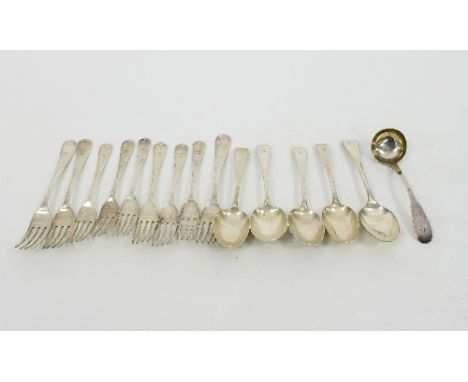 An old English pattern silver part table service, DF, London 1927, initialled, comprising three table forks, six dessert fork