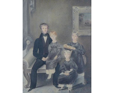 19th Century English School/Portrait of a Father and Three Children/full length, seated/watercolour, 41cm x 31cm