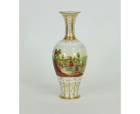 An English 19th Century porcelain painted vase, of baluster form painted with figures fishing by a river with a castle beyond