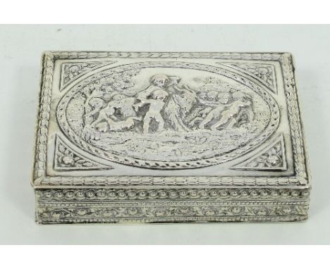 A German .800 standard silver trinket box, the cover decorated a scene of putti leading a goat, 10.5cm wide Condition Report: