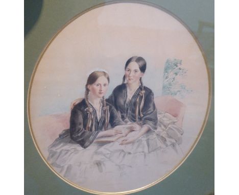 J F Bird, circa 1860/The Turton Twins/an oval portrait of two sisters/watercolour, 32cm x 27.5cm