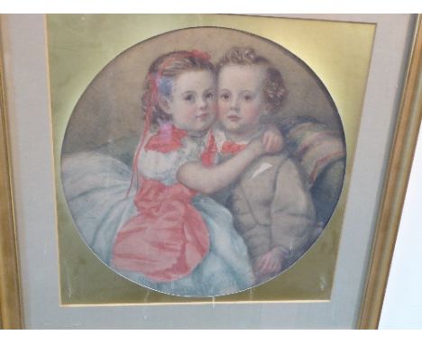 English School/Two Children Embracing/a circular portrait/watercolour, 33.75cm diameter