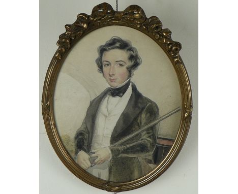 19th Century English School/Portrait of a Young Sportsman/half length, holding a gun/oval watercolour, 24cm x 19cm