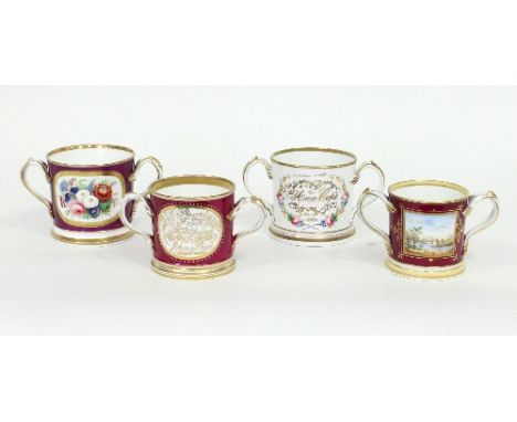 Four Coalport twin-handled loving cups, mid to late 19th Century, all inscribed in gilt, two painted with scenic landscape pa