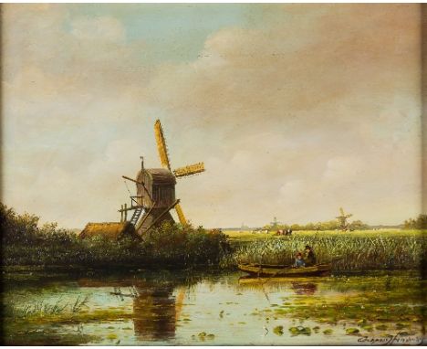 Casper Hendricks (Dutch 20th Century)/Landscape with Windmill/signed/oil on panel, 22.5cm x 28.5cm