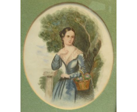 J.S./Portrait of a Lady /three-quarter length holding a basket/initialled and dated '49/oval, watercolour, 20cm x 16cm and/Po
