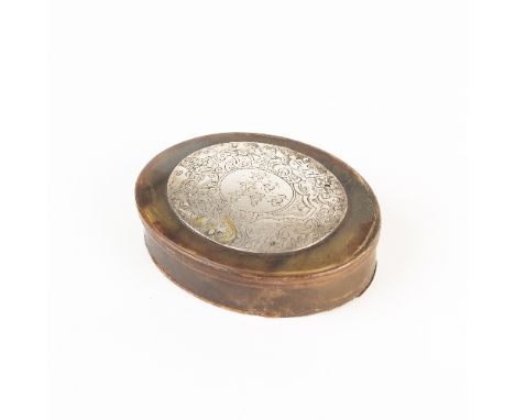 An early 18th Century horn box, the oval cover with white metal armorial plaque, the armorial of six bees, the crest a beehiv