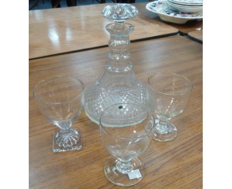A triple ring neck decanter with mushroom stopper, a pair of 19th Century rummers and an 18th Century glass with lemon squeez
