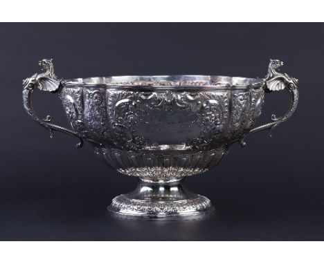 A Victorian silver trophy punch bowl, Samuel Fenton & William Staniforth, Sheffield 1895, with twin handles modelled as grote