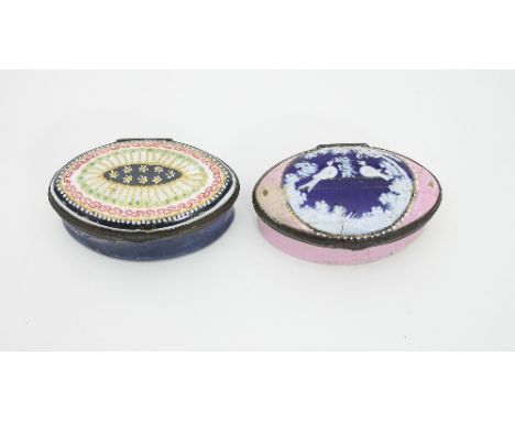 Two Bilston enamel patch boxes, late 18th Century, one with raised decoration of lovebirds to the cover and inscribed 'A Pled