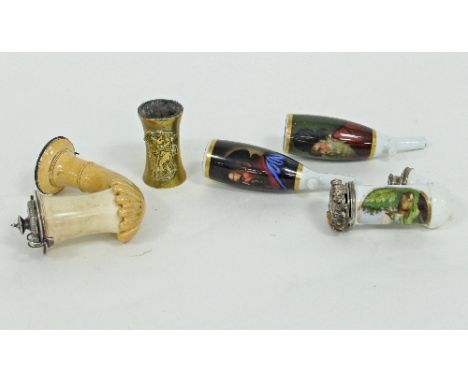 A meerschaum pipe with Continental silver marks to the mounts, three porcelain pipe bowls and a brass pipe bowl