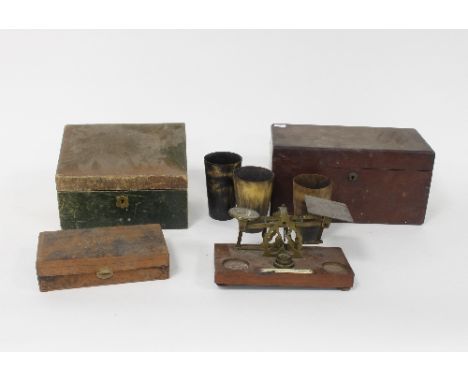 A 19th Century mahogany tea caddy (damages), 30.5cm wide, a set of postage scales, a leather stationery box, three horn beake