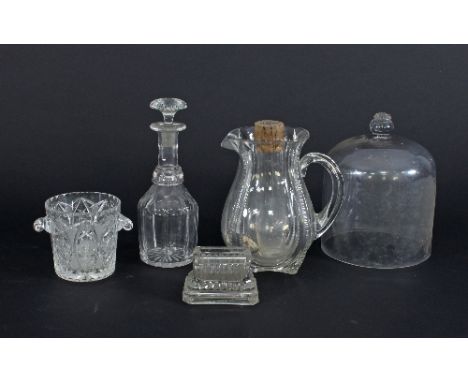 A Victorian lemonade jug, a glass cloche, a bottle cooler, decanter etc
