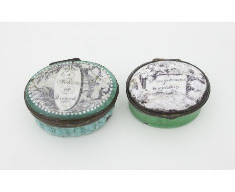 Two Bilston enamel patch boxes, late 18th Century, of oval shape, one 'Remembrance of Friendship', the other 'A Token of Rega