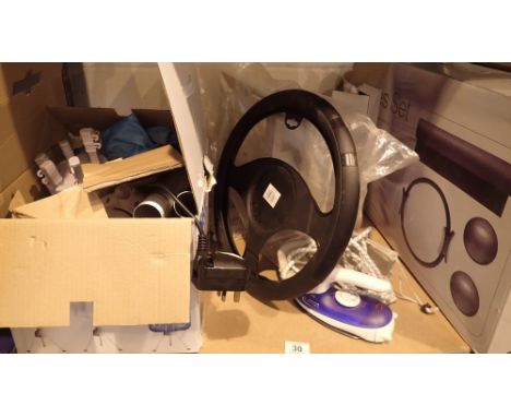 Mixed lot including pilates set from Boots TV wall bracket travelling steam iron turbo dryer bar set bottle opener etc