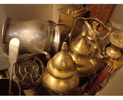 Colelction of pewter and brassware and a clock 