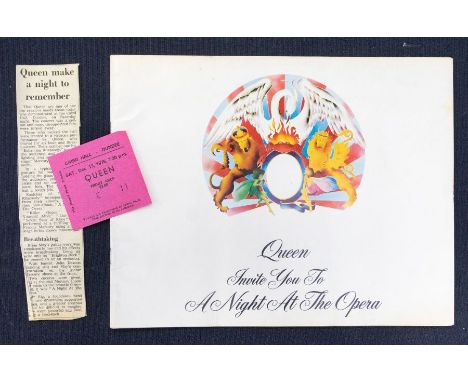QUEEN A Night at the Opera - 1975 Original Tour Programme and Ticket and cutting. Ticket for Caird Hall, Dundee Sat December 