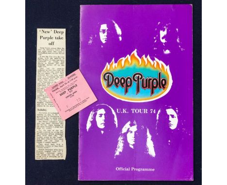 DEEP PURPLE - 1974 Original Tour Programme and Ticket. Programme signed inside by David Coverdale. With a newspaper cutting a