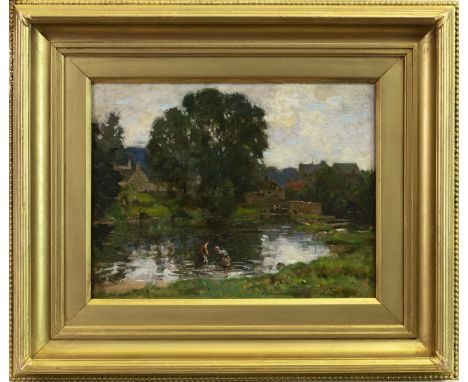 JAMES WHITELAW HAMILTON RSA RSW (SCOTTISH 1860 - 1932), SCOTTISH BORDERS VILLAGE SCENE WITH RIVER oil on panel, signed 26cm x