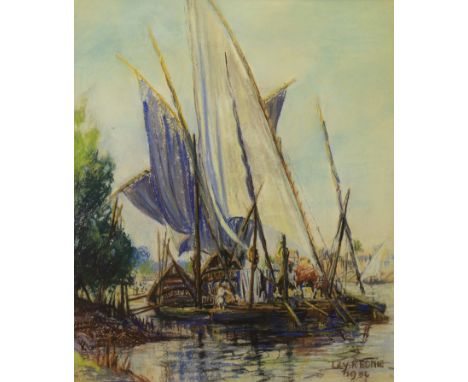 LILY R EDMIE (20TH CENTURY), RIVER SCENE, INDIA pastel on paper, signed and dated 1936 61cm x 52cm Mounted, framed and under 