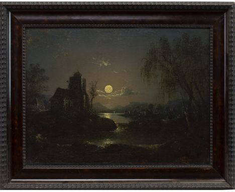 IN THE STYLE OF AERT VAN DER NEER (DUTCH 1603 - 1677), MOONLIT LANDSCAPE WITH CASTLE AND FIGURES oil on panel 30cm x 40cm Fra