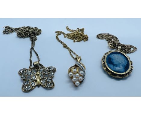 A collection of three pendants and chains. To include: a pearl and 9ct gold and diamond approximately 2.6 grams; a blue glass