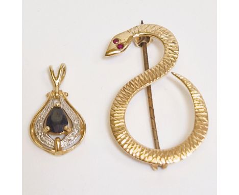 A 9ct yellow gold sapphire & diamond set pendant with a mid-century yellow metal snake brooch, set with ruby eyes.  The penda