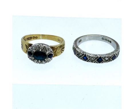 Two dress rings. A three sapphire and pave set diamond ring stamped "18ct" to the shank and inscribed "Lifetime" Size H, appr